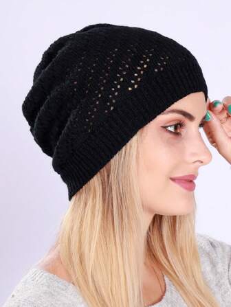 1pc Women's Thin And Folded Hollow-Out Pom Hat, Windproof, Warm & Fashionable Knitted Cap For Outdoor Activities And Postpartum Casual Winter Fall