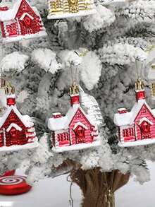 Giáng sinh Đồ trang trí Nhỏ bé Nhà cửa & Cây thông noel Vật rủ xuống Với Mạ điện Nhuộm màu Nhựa Tuyết Nhà Bộ Của 4 - Bạc - Xem 4