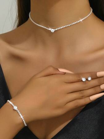 4 件/套 奢華歐美風格女式項鍊、耳環、手鍊、鎖骨鍊裝飾套裝