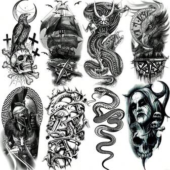 8 張龍船羅盤臨時紋身貼紙成年女性,假機械臂蛇紋身成年男性,斯巴達士兵,鷹羅盤紋身貼紙吸血鬼
