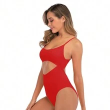 One Piece Swimsuit Solid Color Backless Swimming Costume For Women - Red - View 4
