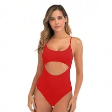 One Piece Swimsuit Solid Color Backless Swimming Costume For Women - Red - View 6