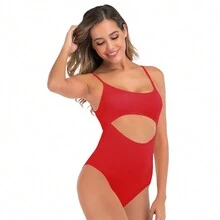 One Piece Swimsuit Solid Color Backless Swimming Costume For Women - Red - View 3