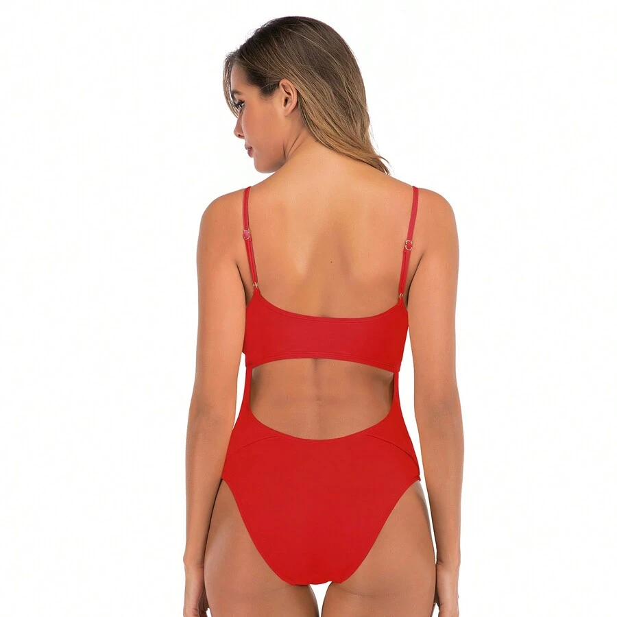 One Piece Swimsuit Solid Color Backless Swimming Costume For Women - Red - View 1