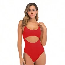 One Piece Swimsuit Solid Color Backless Swimming Costume For Women - Red - View 7