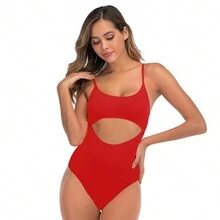 One Piece Swimsuit Solid Color Backless Swimming Costume For Women - Red - View 5
