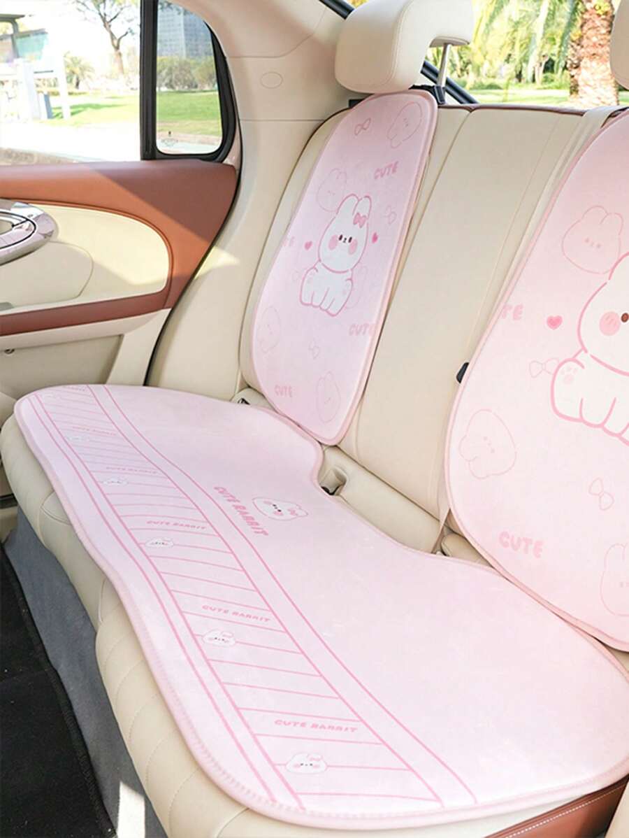 Plush Pink Rabbit Shaped Car Seat Cover For Rear Seat With Bowknot