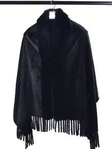 Élégant 1 pièce Châle chaud d'hiver à la mode, couleur unie, peau-amical, bordure large, approprié pour porte quotidienne - Noir - Voir 4