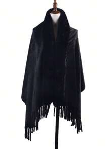 Élégant 1 pièce Châle chaud d'hiver à la mode, couleur unie, peau-amical, bordure large, approprié pour porte quotidienne - Noir - Voir 5