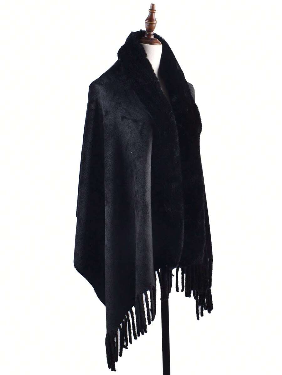 Élégant 1 pièce Châle chaud d'hiver à la mode, couleur unie, peau-amical, bordure large, approprié pour porte quotidienne - Noir - Voir 1
