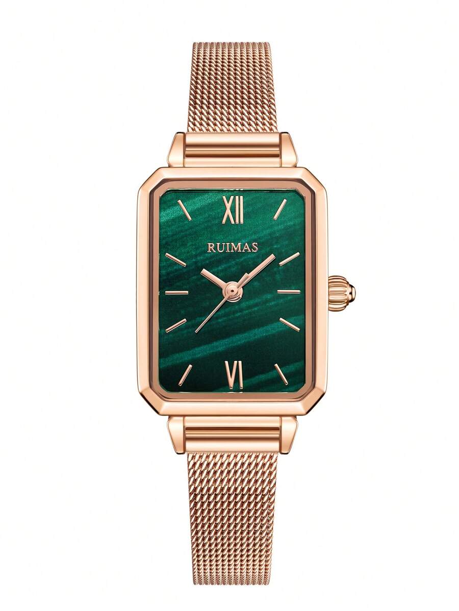 RUIMAS Romanson時尚女士手錶,簡約皮帶,時尚羅馬方格錶盤,防水,綠色款式,母親節,情人節,聖誕節禮物 - 玫瑰金 - 查看 1