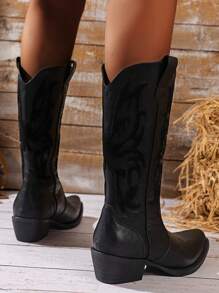 女士时尚复古秋季刺绣西部牛仔靴搭配连衣裙 - 黑色 - 查看 6