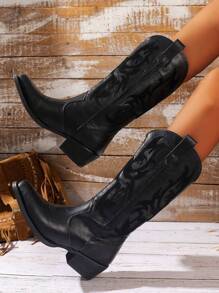 女士时尚复古秋季刺绣西部牛仔靴搭配连衣裙 - 黑色 - 查看 3