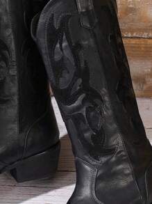 女士时尚复古秋季刺绣西部牛仔靴搭配连衣裙 - 黑色 - 查看 7