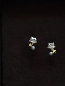 1對簡約、可愛且多用途的s925純銀星星珍珠耳環,適合女性日常穿著