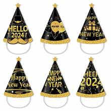 6入組2024年新年主題紙帽,成人派對用品,成人禮品派對帽,紙製新年前夕派對禮品,2024年新年帽,快樂新年帽,妝容必備 - 2024裝飾帽 - 查看 1