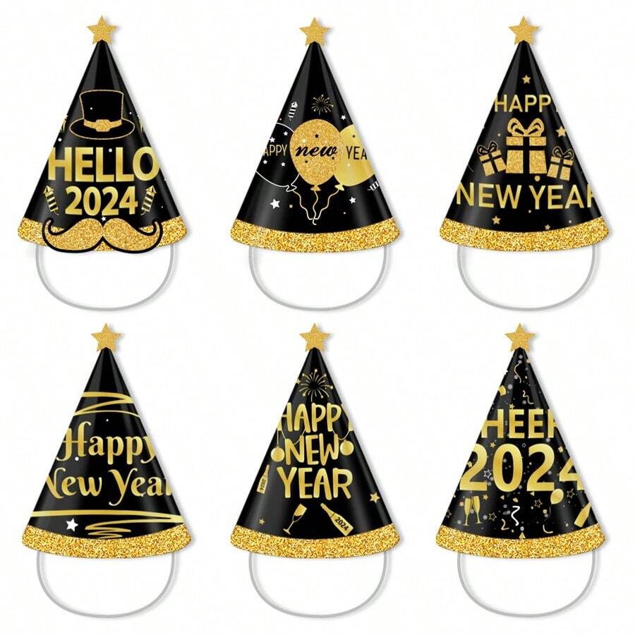 6入組2024年新年主題紙帽,成人派對用品,成人禮品派對帽,紙製新年前夕派對禮品,2024年新年帽,快樂新年帽,妝容必備 - 2024裝飾帽 - 查看 1