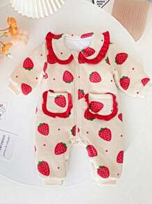 女宝宝可爱草莓印花保暖加厚长袖连体衣秋冬季 - 杏色 - 查看 2