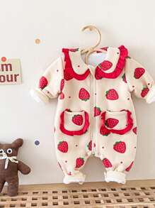 女宝宝可爱草莓印花保暖加厚长袖连体衣秋冬季 - 杏色 - 查看 1