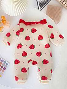 女宝宝可爱草莓印花保暖加厚长袖连体衣秋冬季 - 杏色 - 查看 3