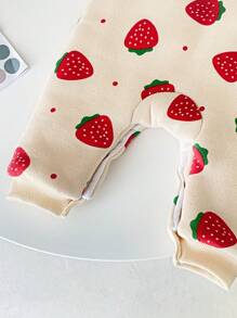 女宝宝可爱草莓印花保暖加厚长袖连体衣秋冬季 - 杏色 - 查看 5