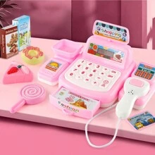 Juguete de caja registradora mini para niños, muñeca y accesorios de color aleatorio, juguete de caja registradora de tienda de conveniencia multifuncional con rompecabezas (Batería no incluida) - Rosa - Ver 2