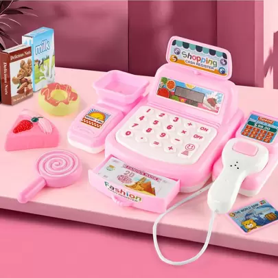 1套迷你收銀機玩具，兒童假裝遊戲，隨機顏色娃娃，多種隨機顏色配件，啟發教育及便利店遊戲，電池操作（不包含2 AA電池），兒童禮物