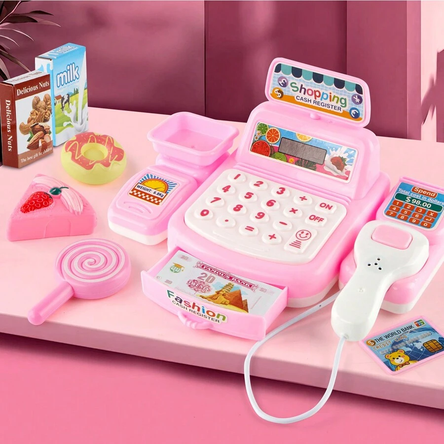 Juguete de caja registradora mini para niños, muñeca y accesorios de color aleatorio, juguete de caja registradora de tienda de conveniencia multifuncional con rompecabezas (Batería no incluida)