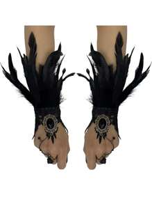 2入組性感黑色羽毛無指手套,適用於婚禮、派對、雞尾酒活動