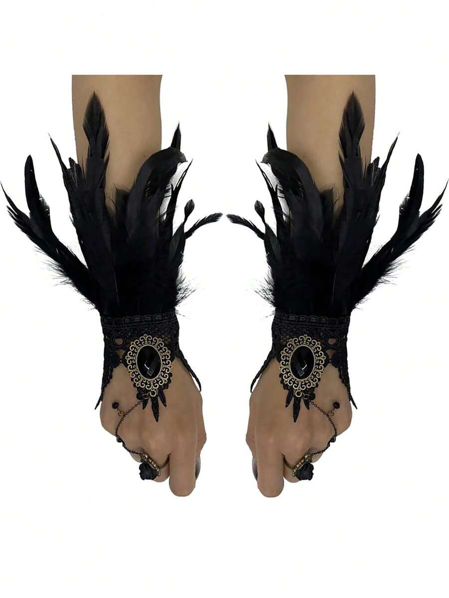 2入組性感黑色羽毛無指手套,適用於婚禮、派對、雞尾酒活動