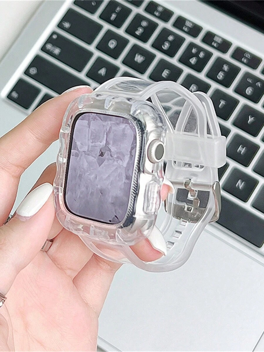 1入組透明表帶+殼，適用於蘋果手錶 8 7 6 SE 5 4 3，透明矽膠表帶，40mm、44mm、42mm、41mm、45mm尺寸可用 - 無色 - 查看 1