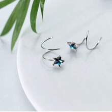 925 Sterling Silver And Fashionable Earrings, Wave Spring Design With Star-Shaped Blue Diamond Inlay - Silver - View 1