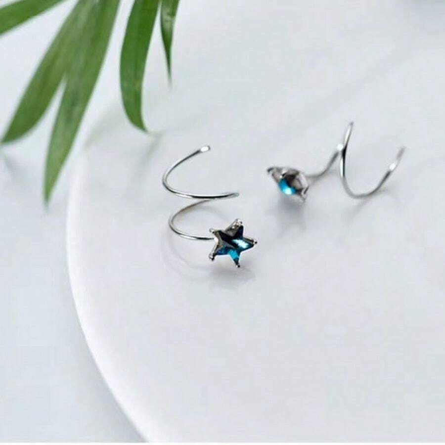 925 Sterling Silver And Fashionable Earrings, Wave Spring Design With Star-Shaped Blue Diamond Inlay - Silver - View 1