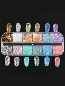 12 色 Opal Aurora 指甲亮粉 1 盒全息彩虹色摩擦粉颜料片 DIY 美甲装饰 - 彩色 - 查看 3