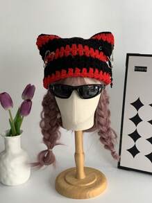 1 Miếng Y2K Phong cách Không giới tính Ác quỷ Sừng Mũ len , Mùa Đông Ấm áp Sọc Khối màu Mũ Beanies Với Tai mèo , Thủ công Punk Mũ Đối với Quý cô Và Nam - Đỏ - Xem 13