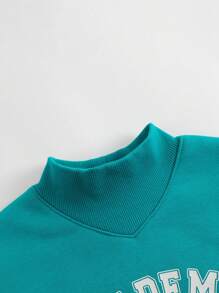 Girls' College Style Colorblock Letter Print Half-High Neck Thermal Lined Sweatshirt, Winter - Green - View 4