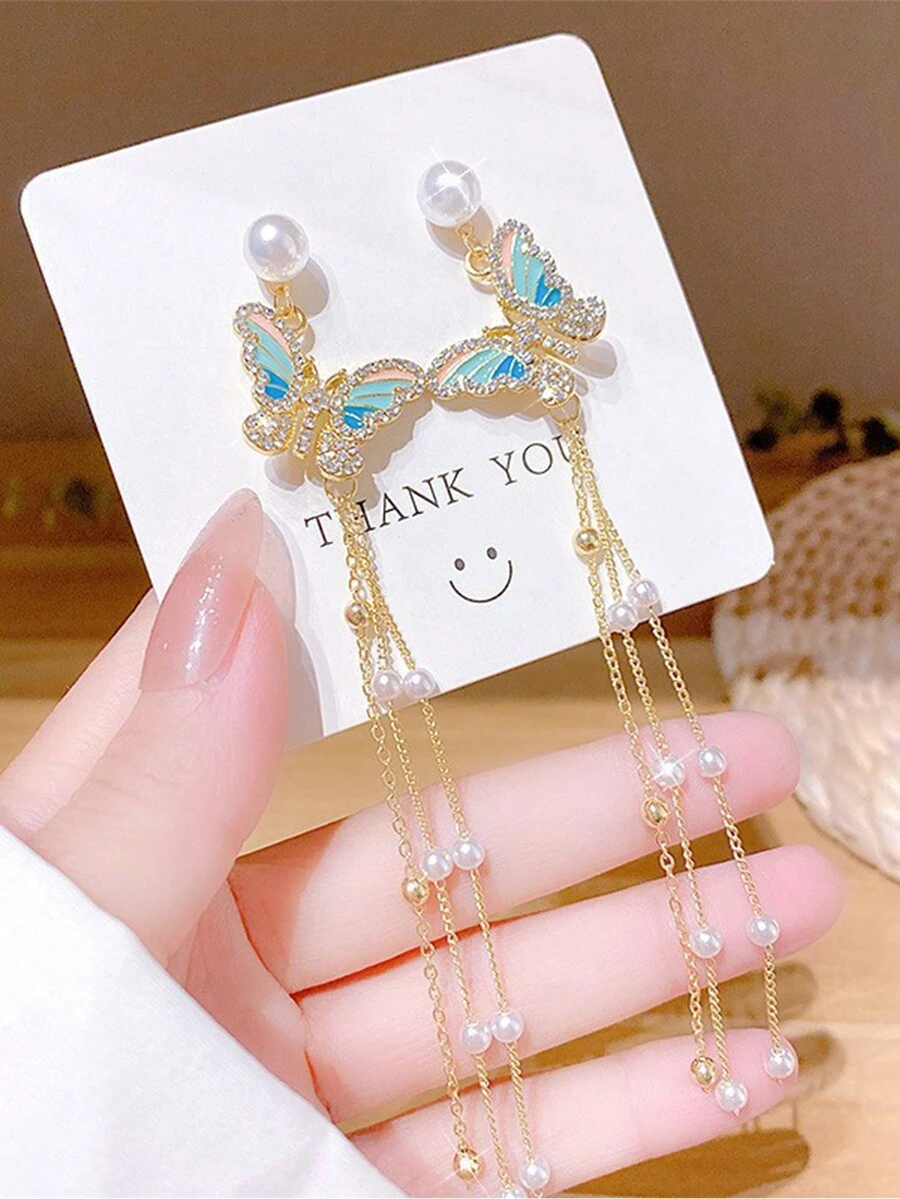 2入組優雅的油畫蝴蝶耳環,鑲嵌鑽石,韓國風格的多功能珠寶,金屬鏈珍珠流蘇長耳鉤,適合女性日常佩戴 - 蝴蝶珍珠流蘇耳環 - 查看 1