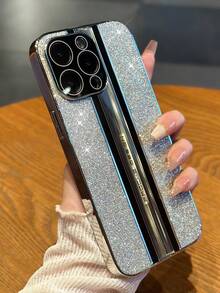 1pc Fashionable Tpu+pc Material Phone Case With Silver Plated Edge, Glitter Material Back Cover, Acrylic Material Wrapped Camera, Compatible With Iphone - Silver - View 3