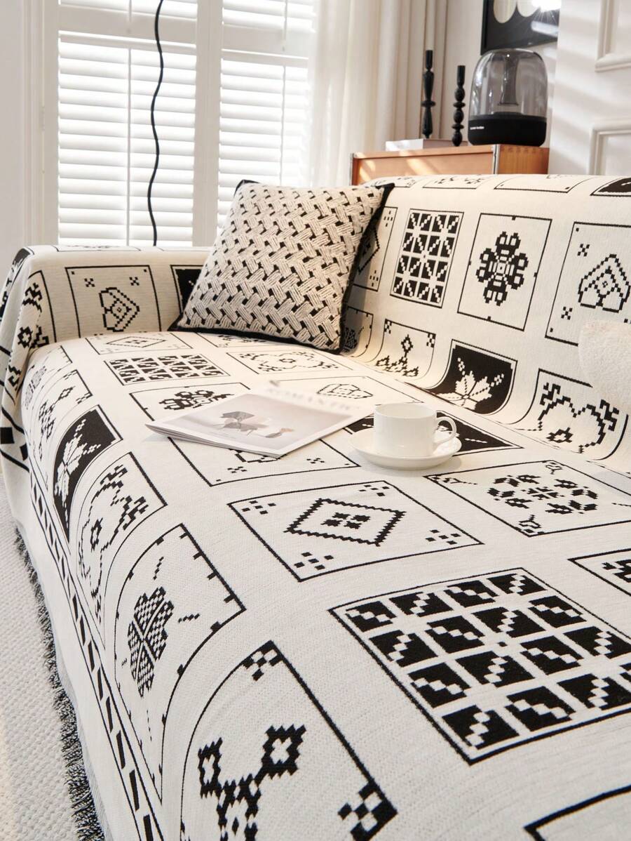 黑白方格多邊形復古文學 Chenille 沙發套,全季通用,防寵物,防污漬,可反複使用,適用於書房、臥室、客廳、沙發的通用沙發巾 - 黑與白 - 查看 1