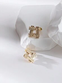 2pcs Korean Fashion Geometric Cross & Grid Pattern Versatile Ear Studs For Women - Yellow Gold - View 2