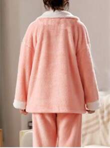 1件套女款法蘭絨睡衣,厚實珊瑚絨睡衣套裝,有衣領適用於秋冬季,可作外穿或家居服 - 粉色 - 查看 3