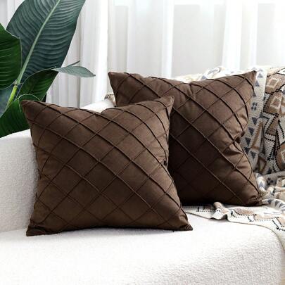 1pc Velvet Pintuck Cushion Cover, Square Soft Pillowcase For Sofa, Coffee Shop, Outdoor Garden, 18 X 18 Inches, 45 X 45 Cm, Dark Brown