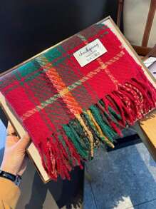 1pc Christmas & New Year Women's Classic Red & Green Plaid Tassel Cape, Double-sided Warm Scarf For Students - Red - View 5