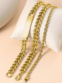 3pcs Fashionable & Personalized Simple Men's Stainless Steel Bracelet, Versatile Accessory - Yellow Gold - View 3