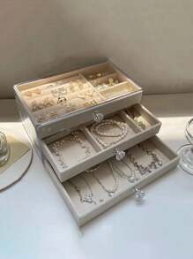 1個帶抽屜的珠寶收納盒,旅行、戒指、耳環、項鍊和手錶用品組織者,桌面化妝品收納盒,金色 - 米色 - 查看 9