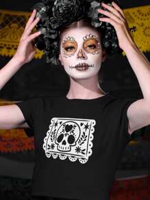 Playera para Mujer Papel Picado Calavera Día de Muertos - Negro - Ver 1