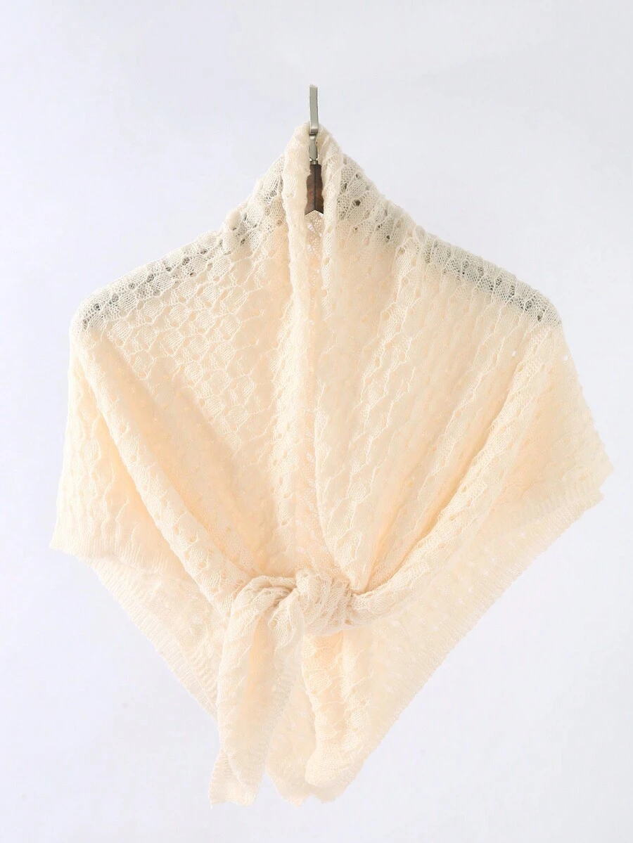 1個女士純色針織空心90的方巾,單色休閒頭巾,時尚披肩適合日常使用 - 杏色 - 查看 1