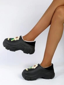 Cute Flower Design Plush Slippers For Women, Autumn/winter 2023 New Arrival, Non-slip Indoor House Shoes - Black - View 3