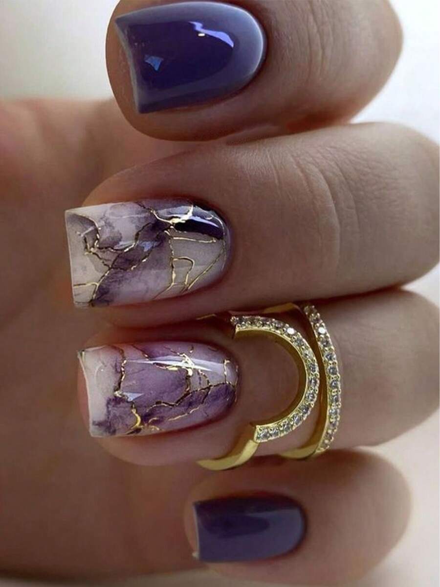 24pcs Short French Style Gradient Purple Square Wearable Nails + 1pc Jelly Nail Glue + 1pc Nail File Press On Nails Nail Supplies - Multicolor - View 1