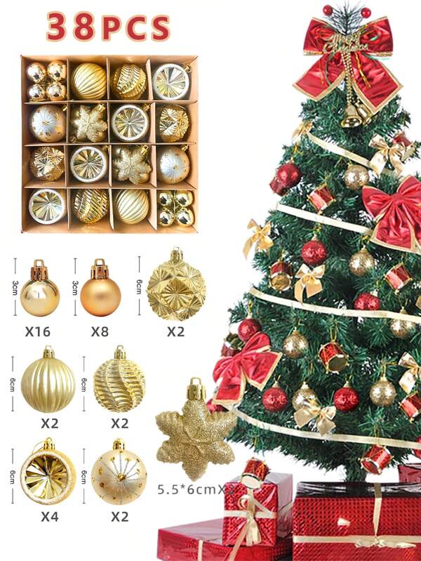 38 Pièces/ensemble Boules D'arbre De Noël De 6cm, Boules En Plastique Galvanisées, Ornements De Vacances Multicolores, Décorations De Fête, Avec Crochets